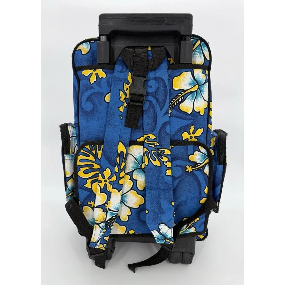 American Eagle Blue Hawaiian Hibiscus Rolling Backpack Carry On Travel Bag VTG